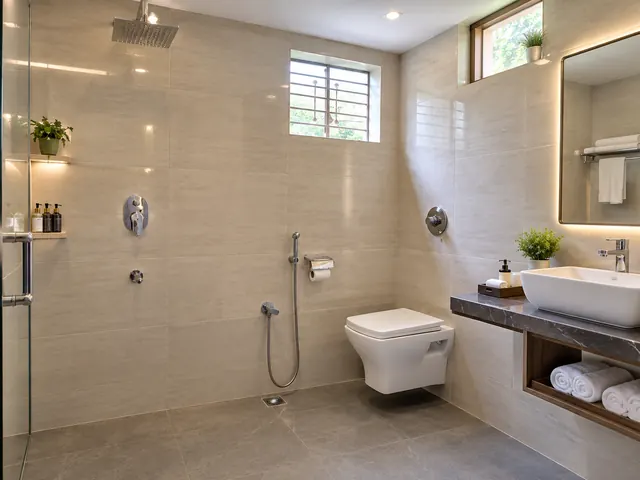 Bright resort bathroom with a glass shower enclosure, backlit mirror and a vanity with fresh towels
