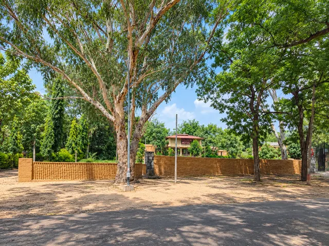 Open sandy forecourt and brick boundary wall beneath tall trees at the entrance to Roopam Resort