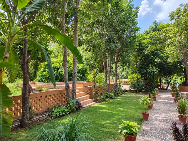Paved garden pathway lined with potted plants, a green lawn and a lattice brick wall under banana and mango trees