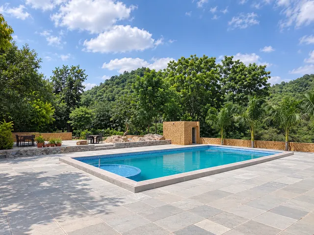 Swimming pool terrace with palm trees and green hills in the background at Roopam Resort