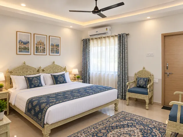 Resort bedroom with a carved cream headboard, blue patterned bed runner, framed artwork and a cushioned sitting chair