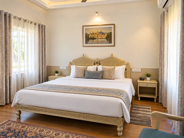 Resort room at Roopam Resort with a hand-carved wooden bed, soft curtains and Rajasthani artwork on the wall